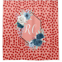 Elegant Dusty Blue Floral & Red Hearts Monogrammed