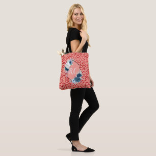 Elegant Dusty Blue Floral & Red Hearts Monogrammed Tote Bag