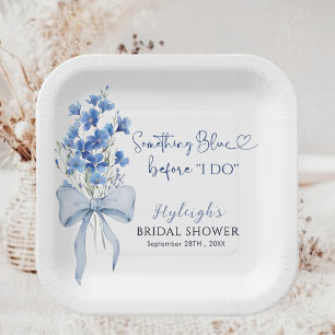 Elegant Dusty Blue Floral Ribbon Bow Bridal Shower Paper Plate
