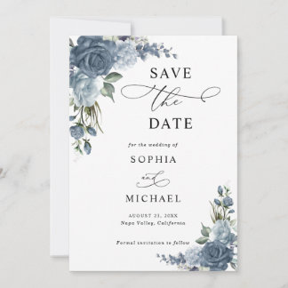 Elegant Dusty Blue Floral Save The Date 