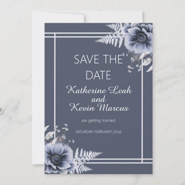 Elegant Dusty Blue Floral Save the Date Invitation (Front)