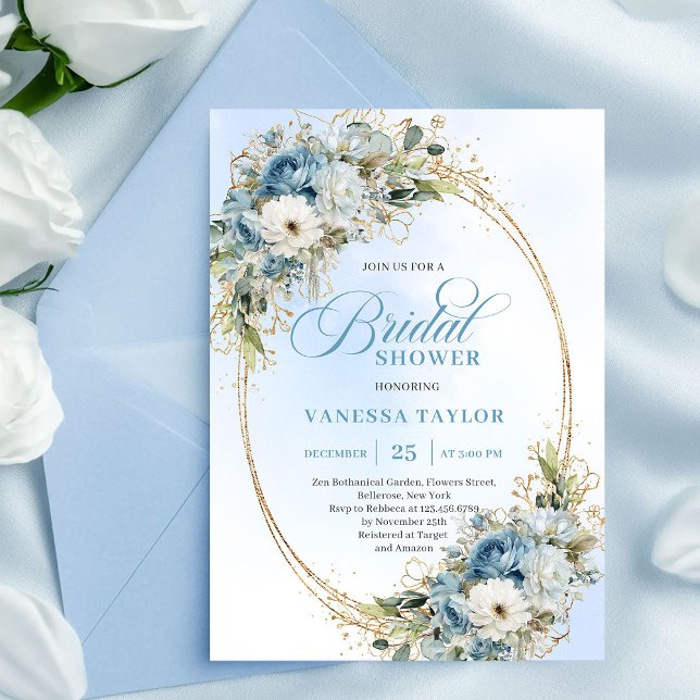 Elegant Dusty Blue Floral Script Bridal Shower   Invitation (Elegant Dusty Blue Floral Script Bridal Shower Invitation)