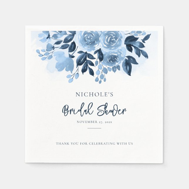 Elegant Dusty Blue Floral Script Bridal Shower Napkin (Front)