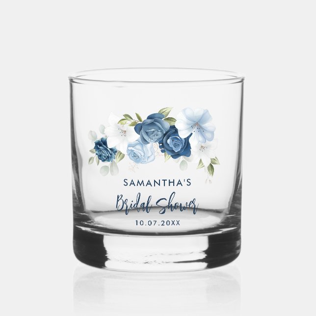 Elegant Dusty Blue Floral Script Bridal Shower Whiskey Glass (Front)