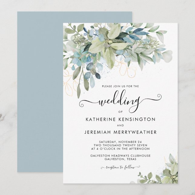 Elegant Dusty Blue Floral Script Wedding Invitation (Front/Back)