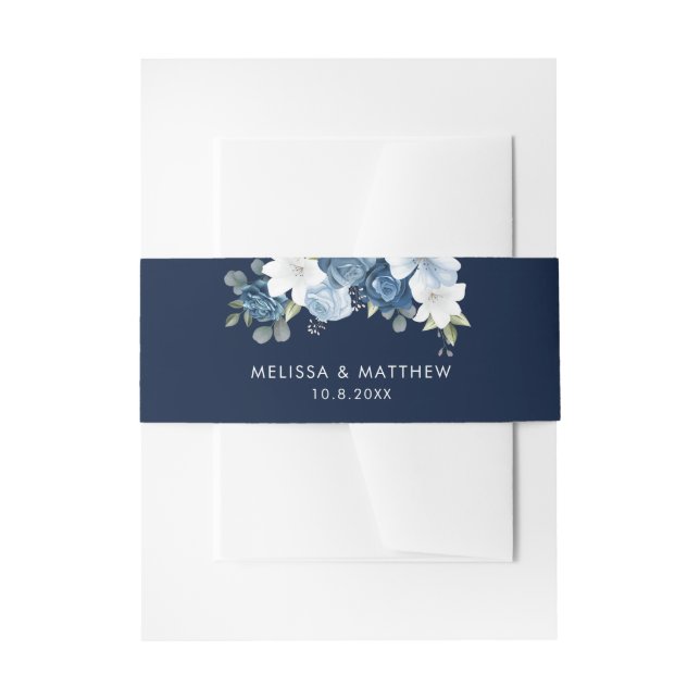 Elegant Dusty Blue Floral Script Wedding Invitation Belly Band (Front Example)