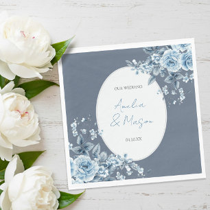 Elegant Dusty Blue Floral Script Wedding  Napkin