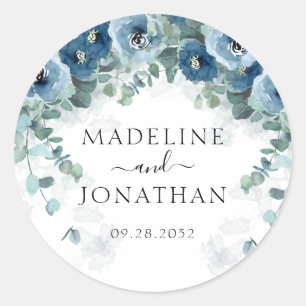 Elegant Dusty Blue Floral Square Border Wedding Classic Round Sticker