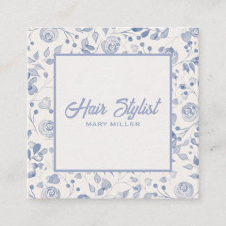 Elegant Dusty Blue Floral Square Hair Stylist QR Business Card
