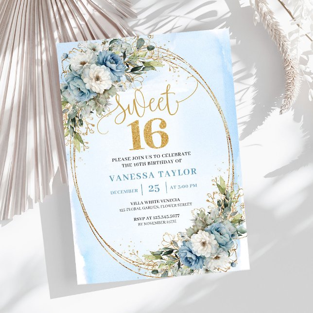 Elegant Dusty Blue Floral Sweet Sixteen Party   Invitation (Elegant Dusty Blue Floral Sweet Sixteen Party Invitation

)