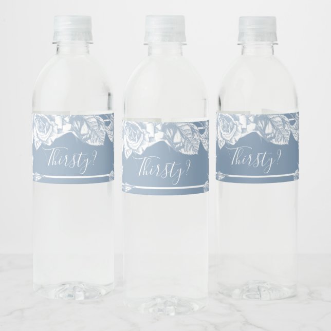 Elegant Dusty Blue Floral Thirsty Water Bottle Label (Bottles)