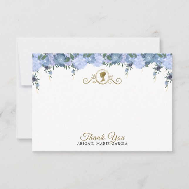 Elegant Dusty Blue Floral Victorian Bridal Shower Thank You Card (Front)