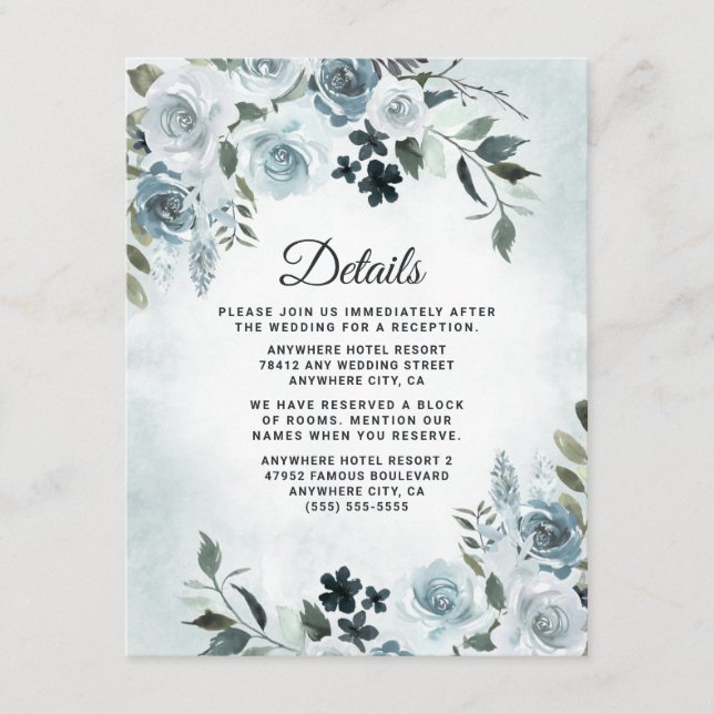 Elegant Dusty Blue Floral Watercolor Navy Wedding Enclosure Card (Front)