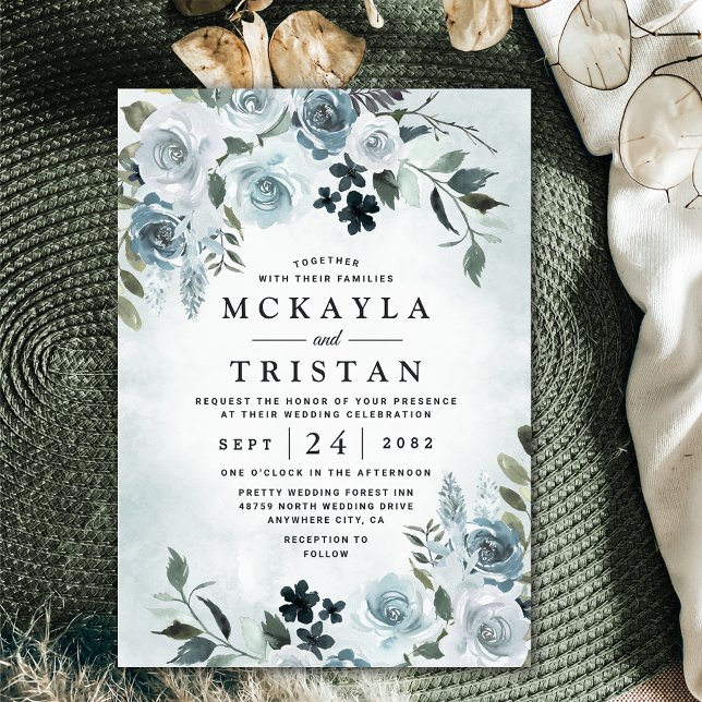 Elegant Dusty Blue Floral Watercolor Navy Wedding Invitation (Creator Uploaded)