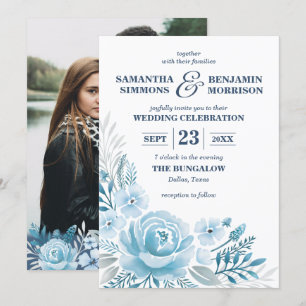Elegant Dusty Blue Floral Watercolor Photo Wedding Invitation