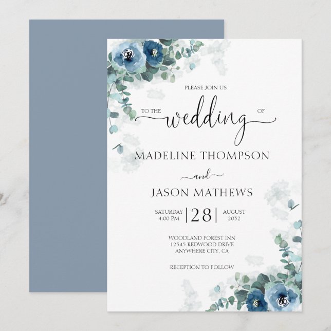 Elegant Dusty Blue Floral Watercolor Wedding Invitation (Front/Back)