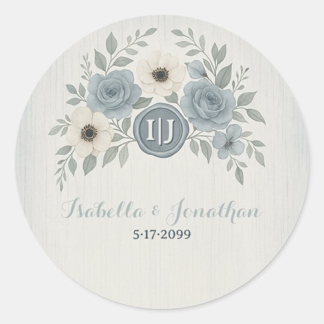 Elegant Dusty Blue Floral Wax Seal Wedding (Front)
