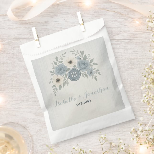 Elegant Dusty Blue Floral Wax Seal Wedding Favour Bags (Clipped)