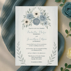 Elegant Dusty Blue Floral Wax Seal Wedding Invitation
