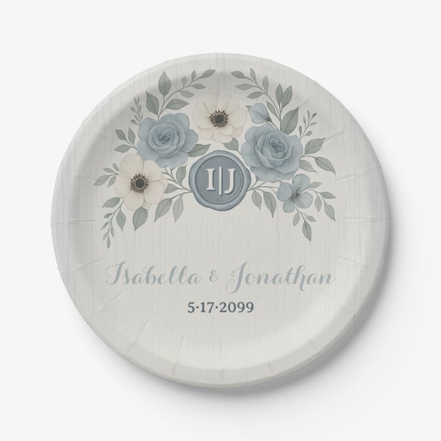 Elegant Dusty Blue Floral Wax Seal Wedding Paper Plate (Front)