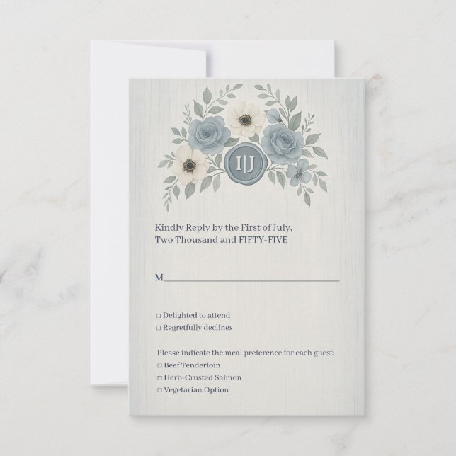 Elegant Dusty Blue Floral Wax Seal Wedding RSVP Card (Front)