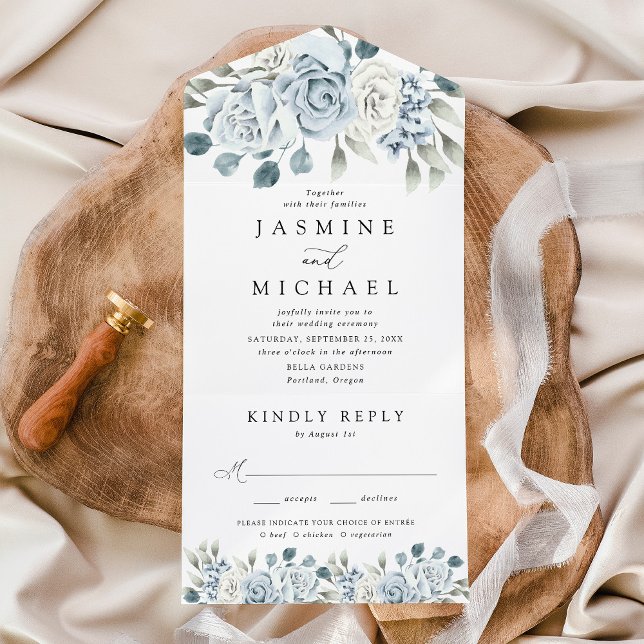 Elegant Dusty Blue Floral Wedding All In One Invitation (Creator Uploaded)
