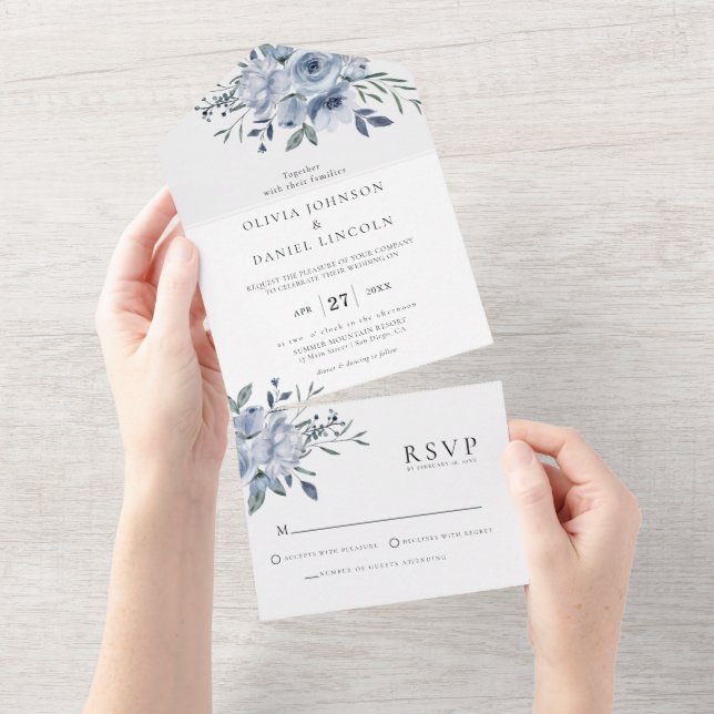 Elegant Dusty Blue Floral Wedding All In One Invitation (Tearaway)
