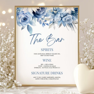 Elegant Dusty Blue Floral Wedding Bridal Bar Sign