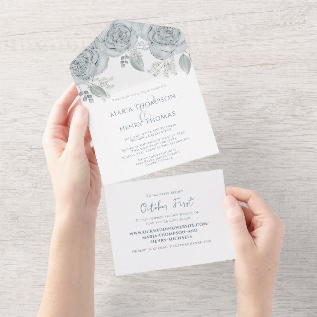 Elegant Dusty Blue Floral Wedding Budget Website All In One Invitation (Tearaway)