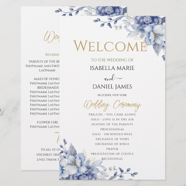 Elegant Dusty Blue Floral Wedding Ceremony Program (Front/Back)