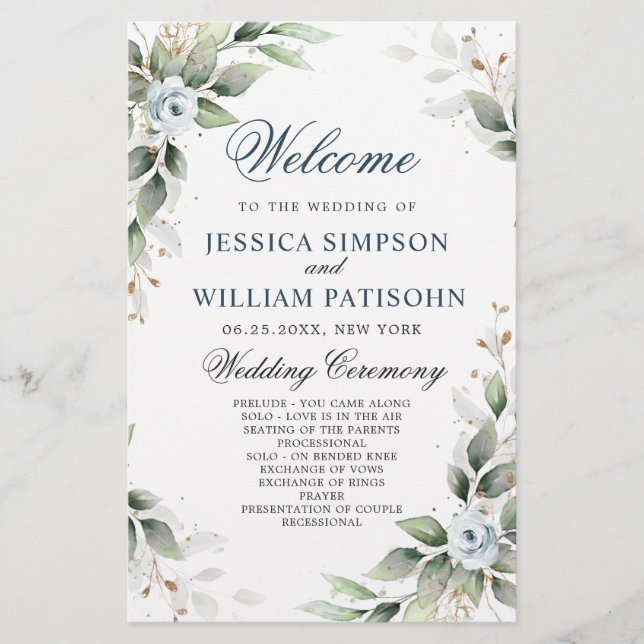 Elegant Dusty Blue Floral Wedding Ceremony Program (Front)