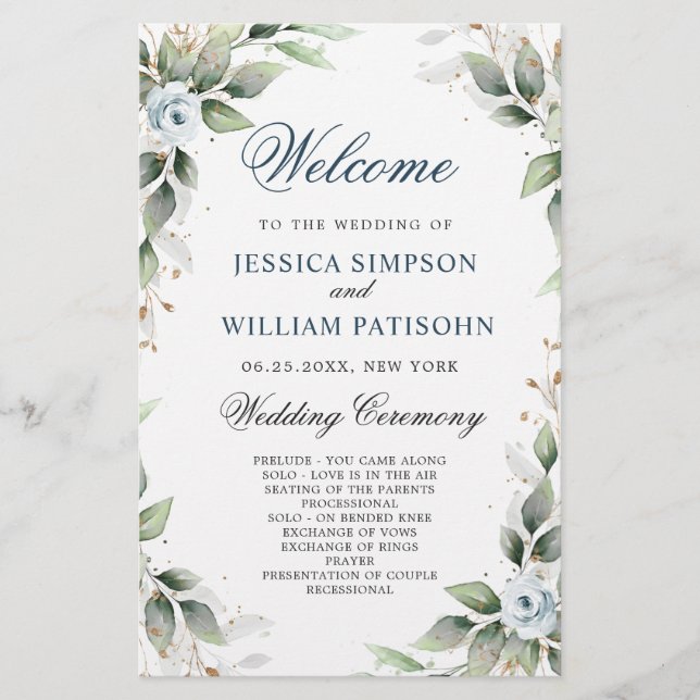 Elegant Dusty Blue Floral Wedding Ceremony Program (Front)