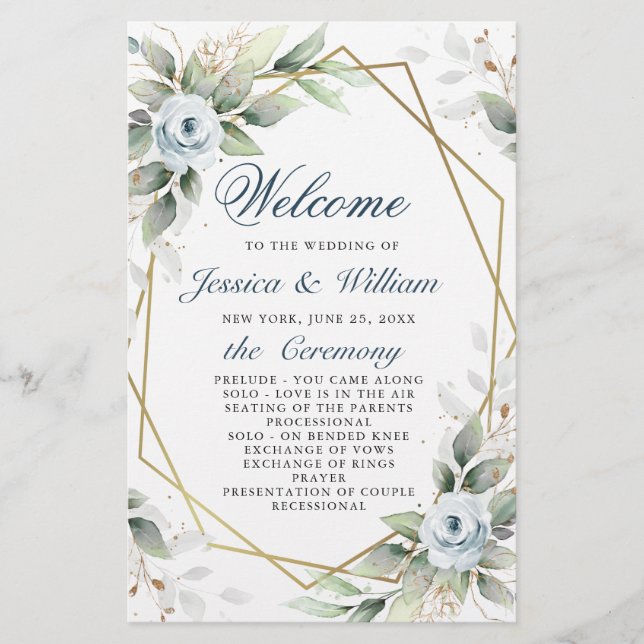 Elegant Dusty Blue Floral Wedding Ceremony Program (Front)
