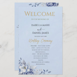 Elegant Dusty Blue Floral Wedding Ceremony Program