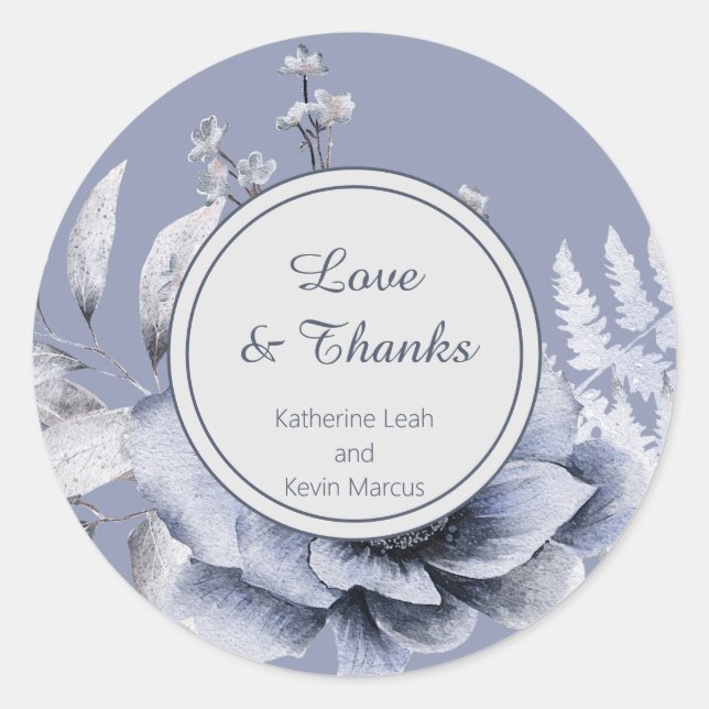 Elegant Dusty Blue Floral Wedding Classic Round Sticker (Front)