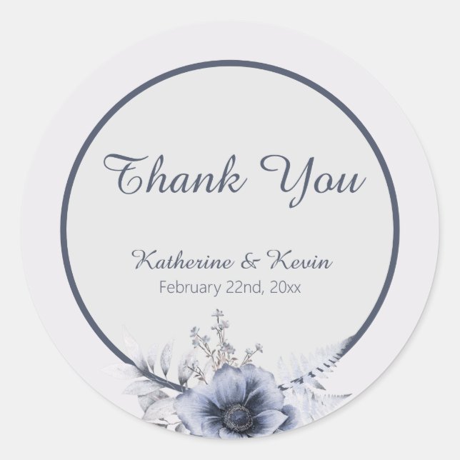 Elegant Dusty Blue Floral Wedding Classic Round Sticker (Front)