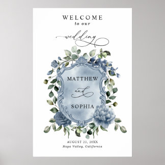 Elegant Dusty Blue Floral Wedding Crest Poster