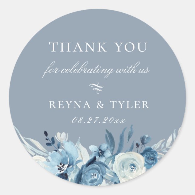 Elegant Dusty Blue Floral Wedding Favour Classic Round Sticker (Front)