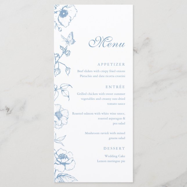 Elegant Dusty Blue Floral Wedding Flat Menu (Front)