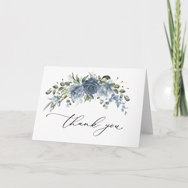 Elegant Dusty Blue Floral Wedding Folded Thank You Card (Front)