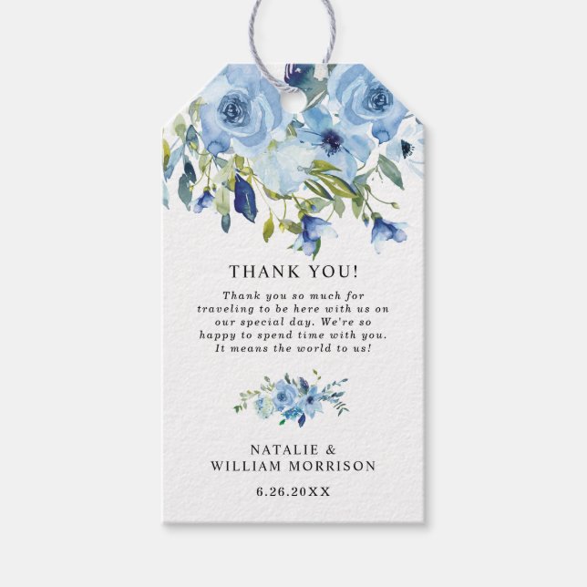 Elegant Dusty Blue Floral Wedding Gift Tag (Front)