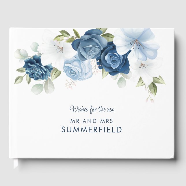 Elegant Dusty Blue Floral Wedding Guest Book (Front)