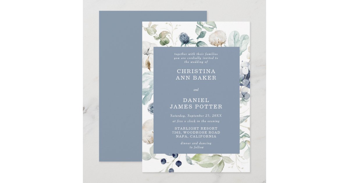 Elegant Dusty Blue Floral Wedding Invitation | Zazzle