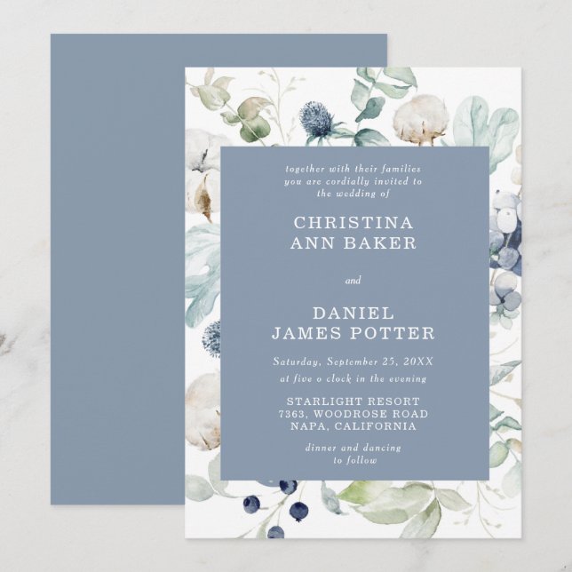 Elegant Dusty Blue Floral Wedding Invitation  (Front/Back)