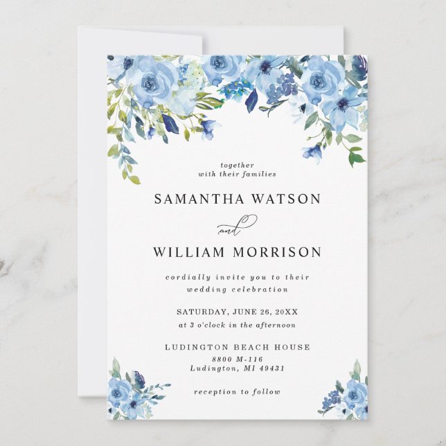 Elegant Dusty Blue Floral Wedding Invitation (Front)