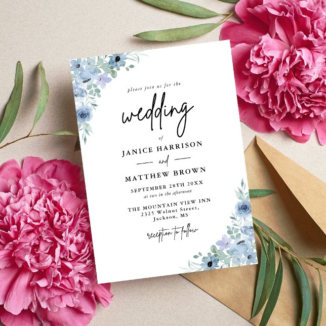 Elegant Dusty Blue Floral Wedding Invitation (Creator Uploaded)