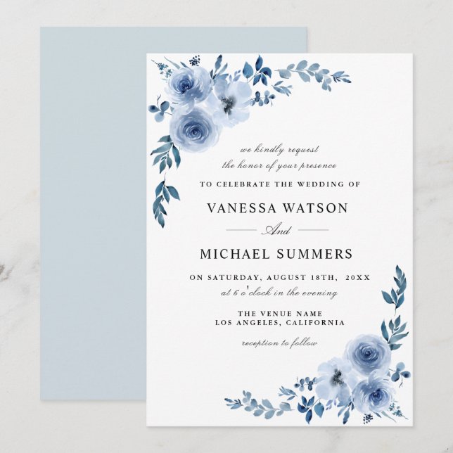 Elegant dusty blue floral wedding invitation (Front/Back)