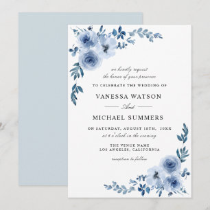 Elegant dusty blue floral wedding invitation
