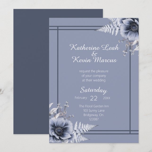 Elegant Dusty Blue Floral Wedding Invitation (Front/Back)