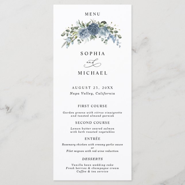 Elegant Dusty Blue Floral Wedding Menu (Front)